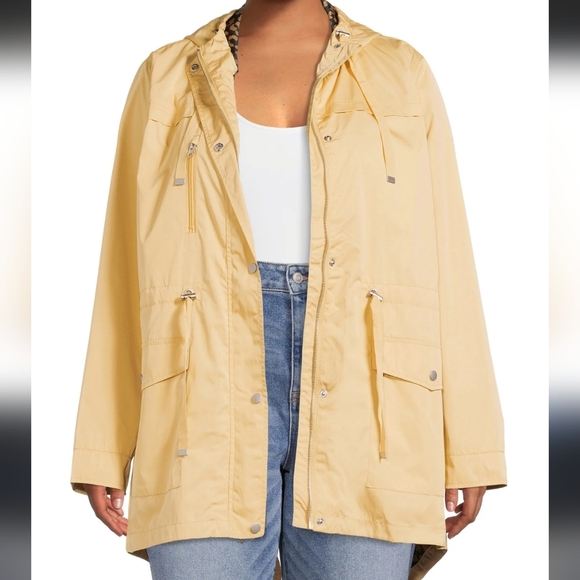 Time & Tru Rain Jacket Size Medium Yellow Navy Leopard Print Lining Pockets - Picture 2 of 9